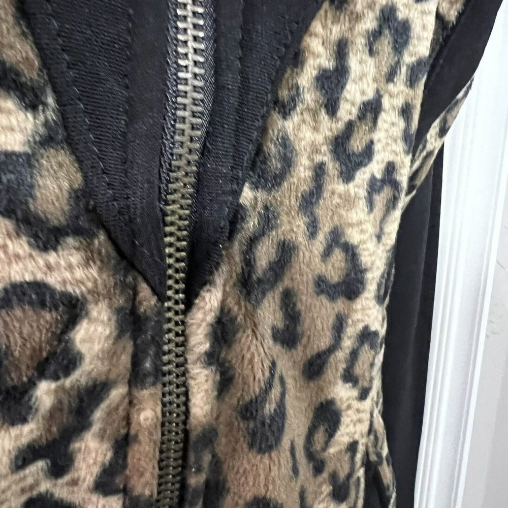 Vintage 80's Black Stretchy Furry Trimmed Leopard Print Bodycon Jumpsuit USA S ? - Picture 4 of 7
